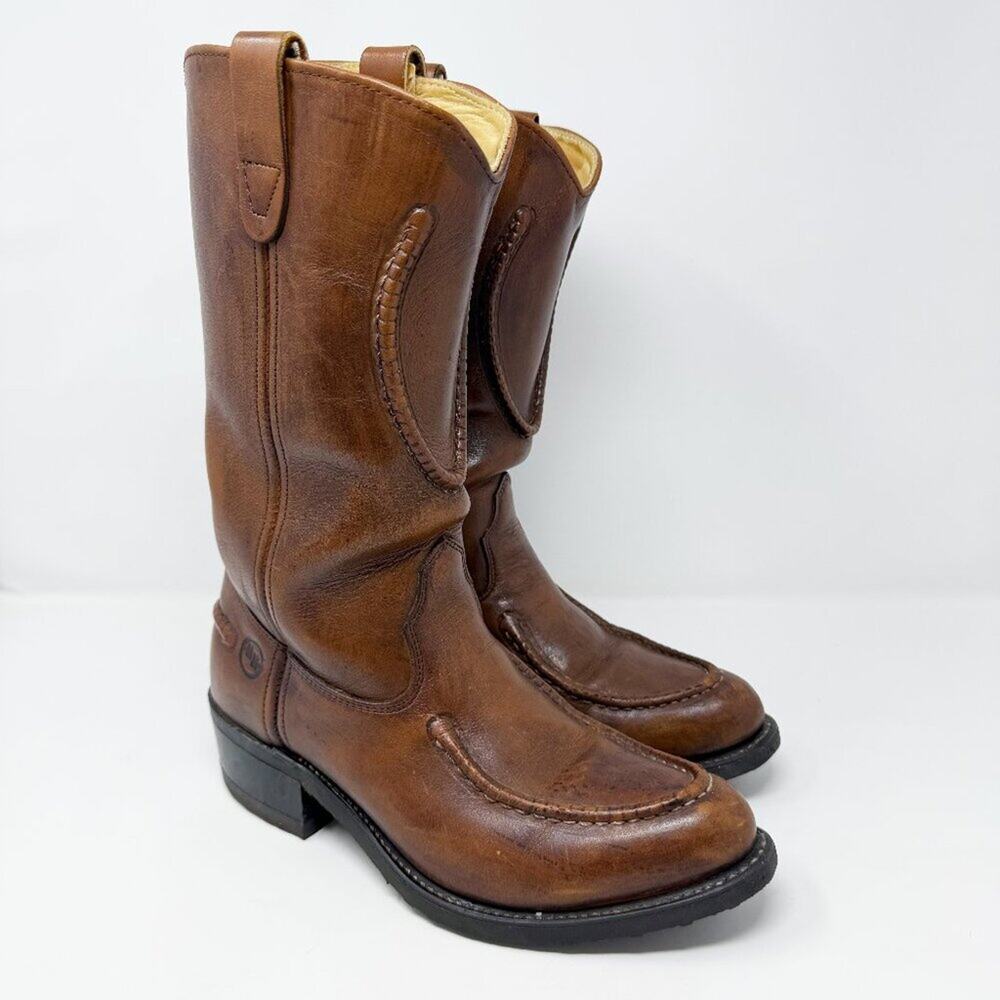 Vintage Double-H Brown Leather Western Boots Men's Size 8 EUC Pull On Cowboy